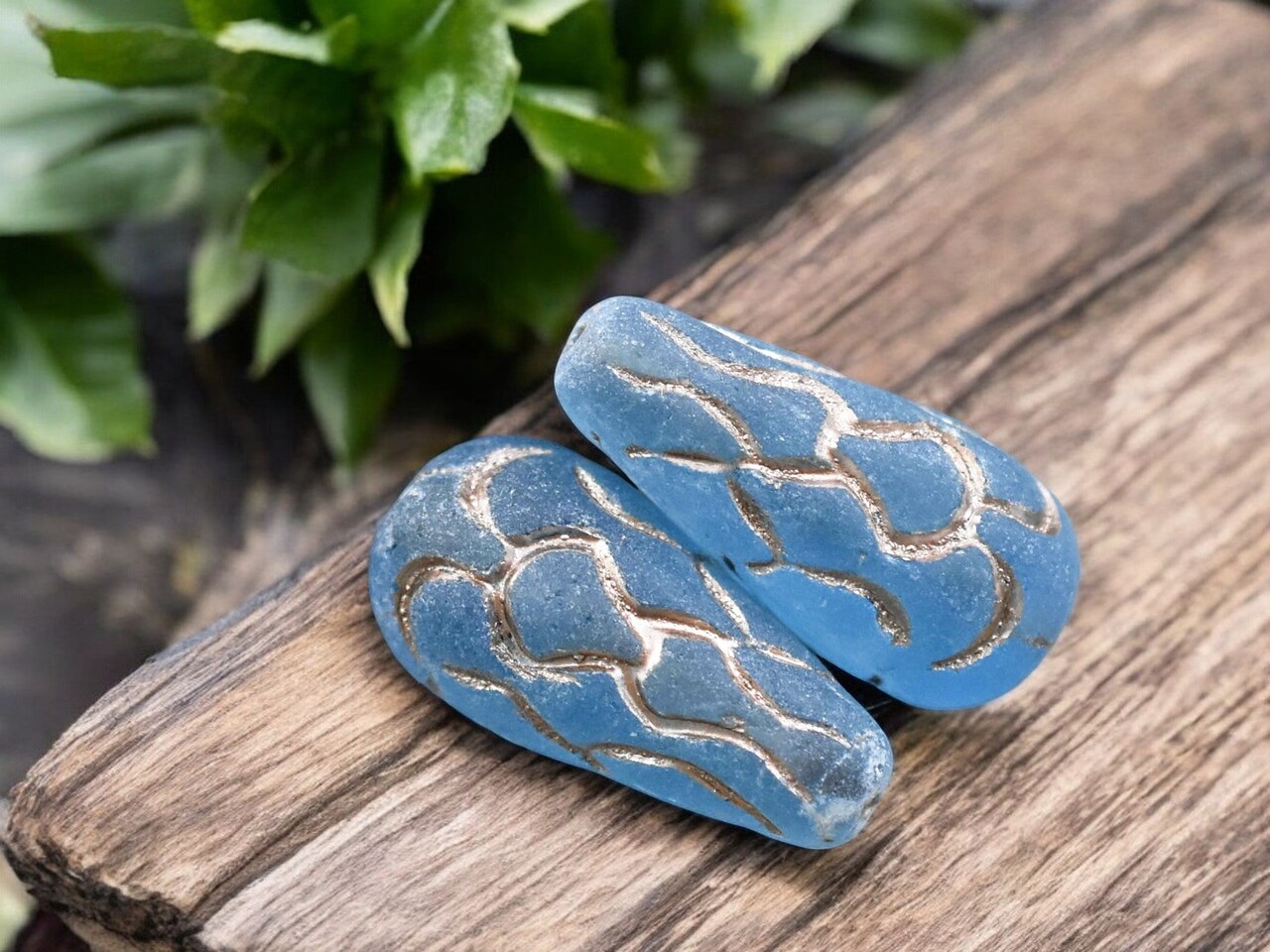 *6* 25x12mm Platinum Washed Matte Transparent Ocean Blue Mermaid Scale Large Drop Beads